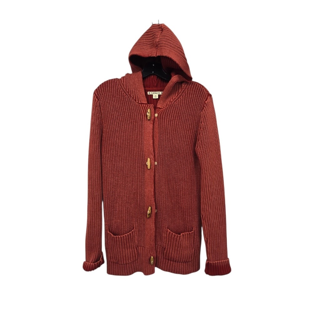 Vintage Ruff Hewn Cardigan Sweater Women's M Rust Hooded Toggle Rib Knit Pockets